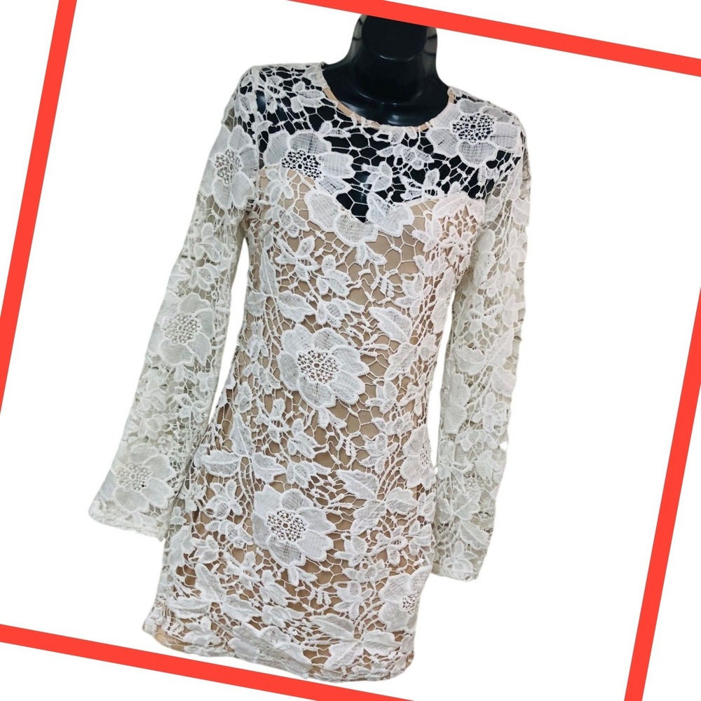 Y2K Charlotte Russe Bodycon Dress Crochet Lace Womens S XS White Nude Coquette